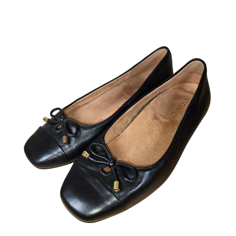 Vionic Klara Cap Toe Tie Black Gold Accents Flats Ballet Comfort Cushioned Sz 7